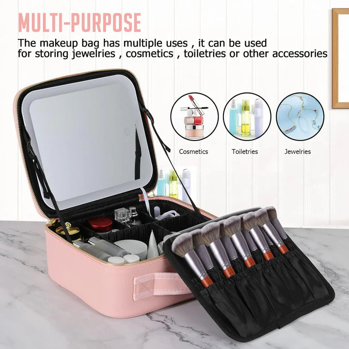 💄 Portable Makeup Travel Case with LED Mirror - Pink