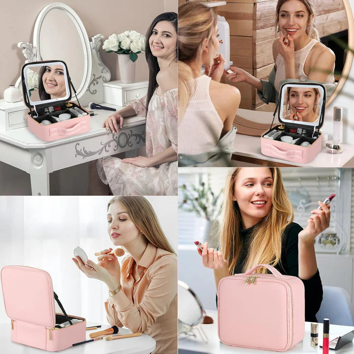 💄 Portable Makeup Travel Case with LED Mirror - Pink