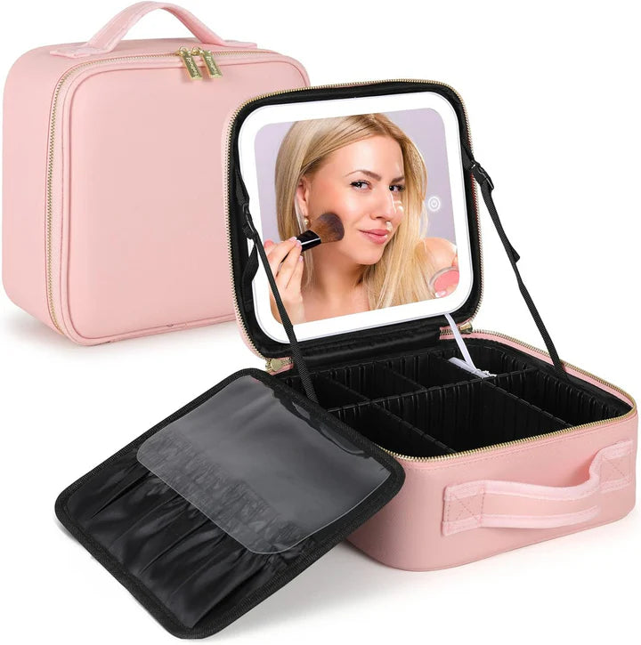 💄 Portable Makeup Travel Case with LED Mirror - Pink